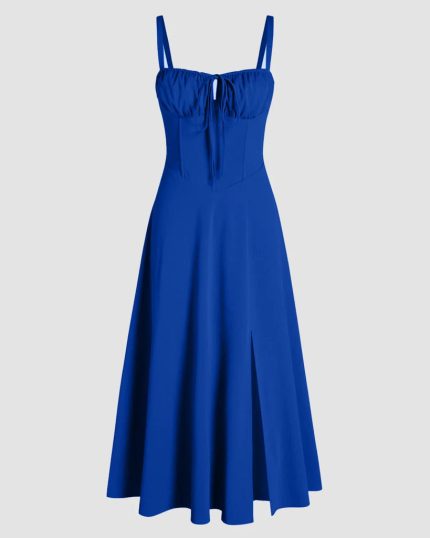 Spaghetti Strap Ruched Bust Slit Midi Dress in Royal Blue