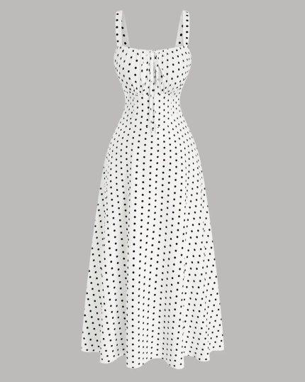White Polka Dot Square Neck Sleeveless A-Line Maxi Dress