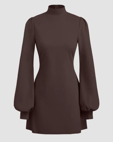 Chocolate Long Sleeve Puff Shoulder Mini Dress