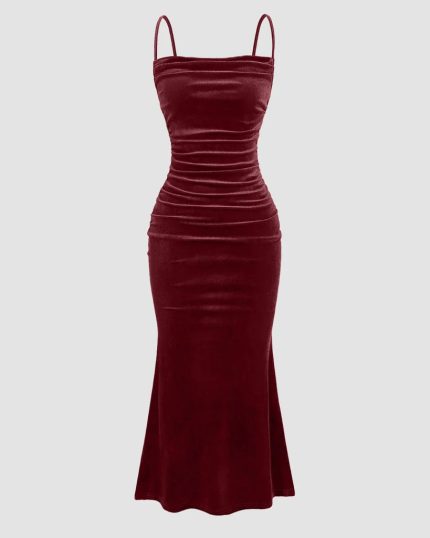 Rose Color Spaghetti Strap Ruched Mermaid Dress