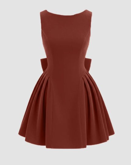 Velvet Boat Neck Bowknot Backless Short Midi Dress In Rose