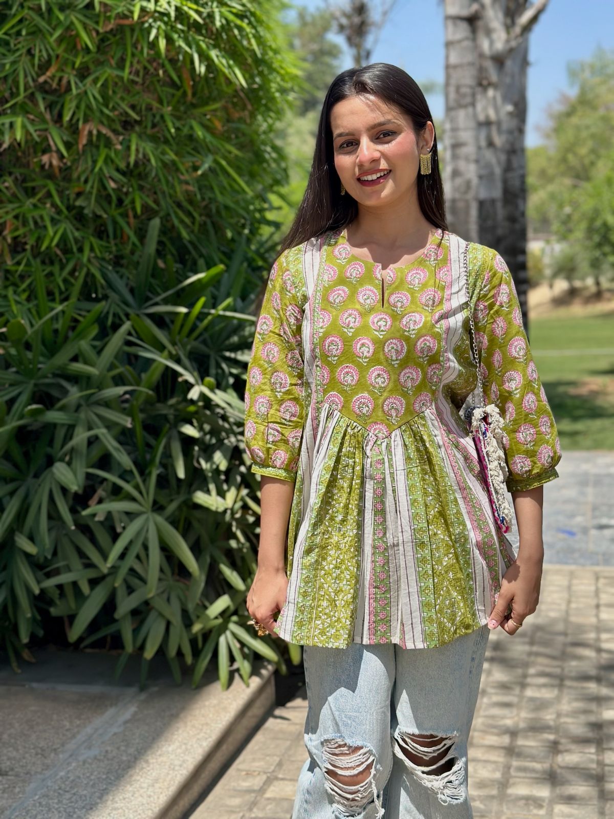 1parrotgreengathershortkurti.jpg Parrot Green Gather Short Kurti - Image 1