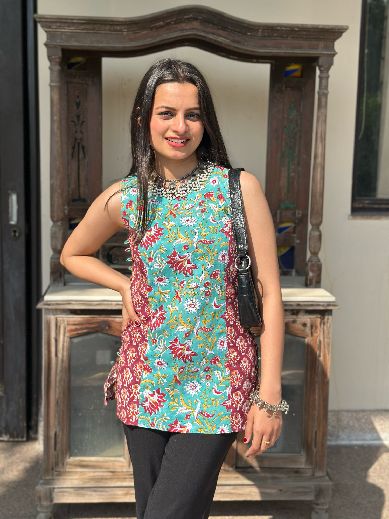 1redtealhaltershortkurti.png Red Teal Halter Short Kurti - Image 1