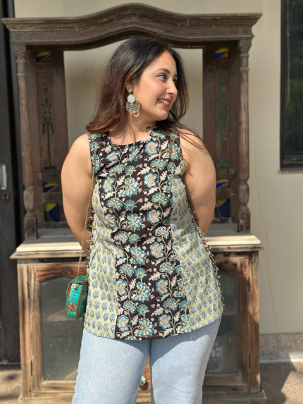 Teal Black Halter Short Kurti