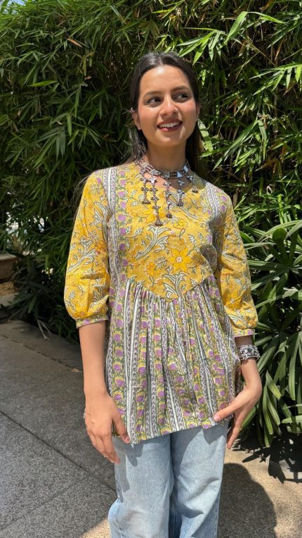 Warm Yellow Gather Short Kurti