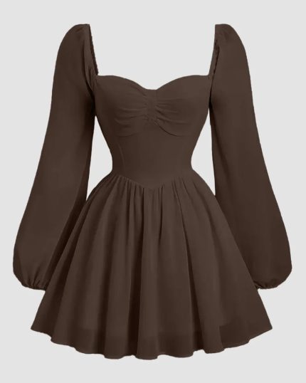 Sweetheart Neck Puff Sleeve Fit and Flare Mini Dress in Coffee