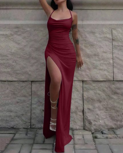 Burgundy Ruched Spaghetti Strap Slit Maxi Dress