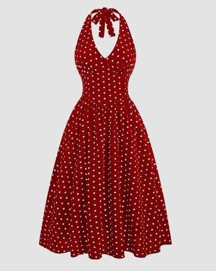 Red Polka Dot Halter Neck Backless A-Line Midi Dress
