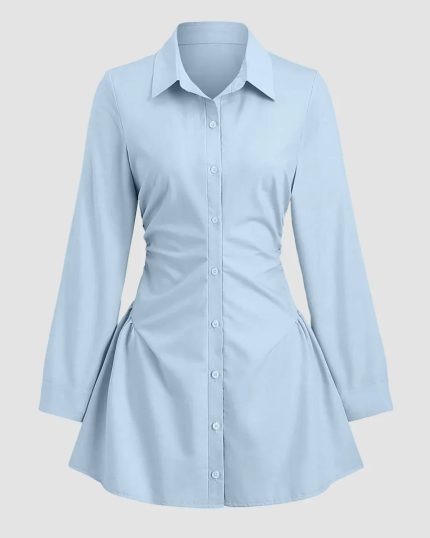 Sky Blue Ruched Shirt Dress with Long Sleeves