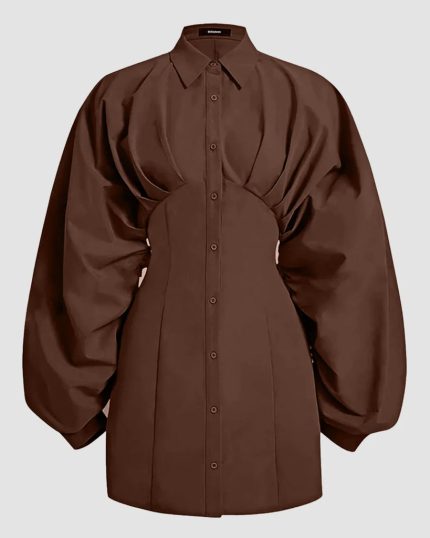 Balloon Sleeve Collared Button-Down Shirt Dress in Rust