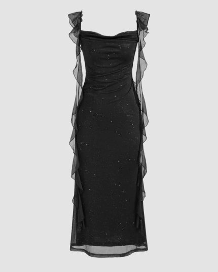 Black Ruched Ruffle Mesh Sleeveless Bodycon Midi Dress