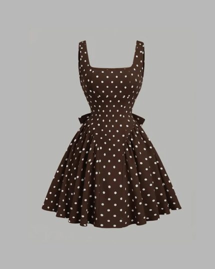Brown Polka Dot Print Square Neck Sleeveless Fit & Flare Mini Dress