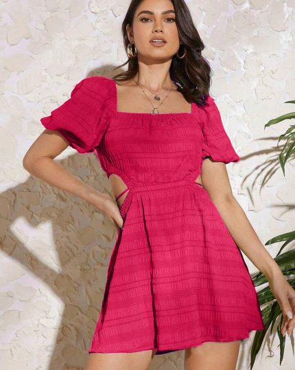 Solid Color Open Back Waist Puff Sleeve Short Dress In Pink