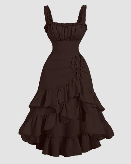 Chocolate Fondae Ruched Square Neck Ruffle High-Low Midi Dress with Ruffle Hem