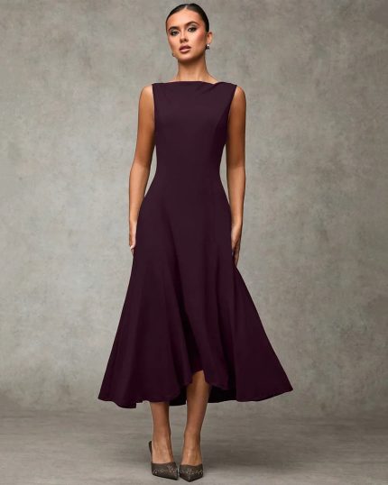 Sleeveless Fit and Flare Midi Dress in Purple