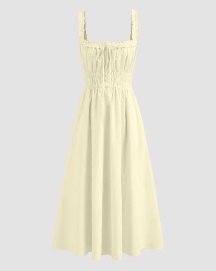 Square Neck Gathered Waist Midi Dress in French Vanilla