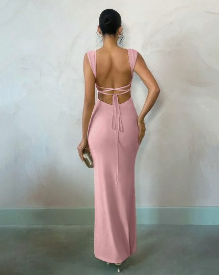 Bodycon Maxi Dress with Square Neck in Dusty Pink