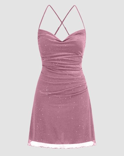 Mesh Cowl Neck Sequin Ruched Mini Dress in Pink