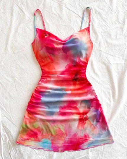 Spaghetti Strap Cowl Neck Ruched Bodycon Mini Dress