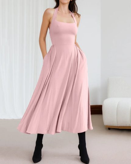 Backless Halter Midi Dress in Dusty Pink