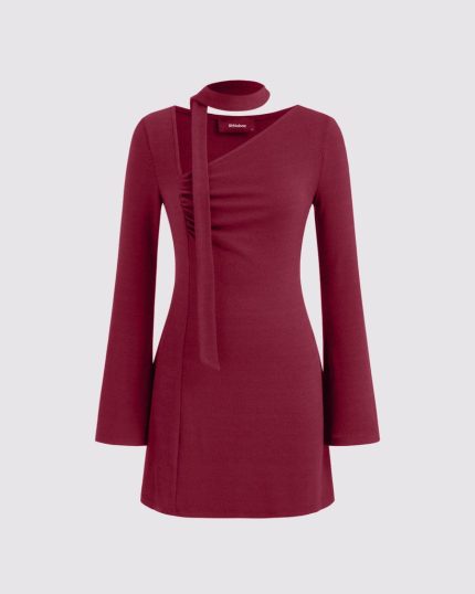 Asymmetrical Neck Ruched Mini Dress With Scarf In Maroon