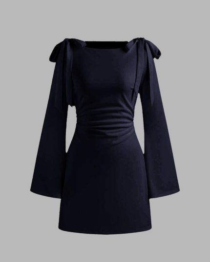 Boat Neckline Solid Ruched Bowknot Navy Blue Mini Dress