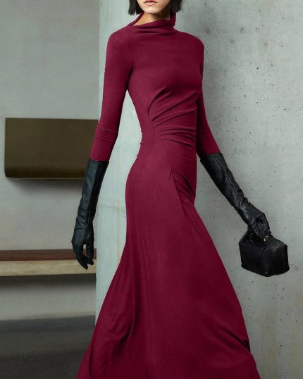 Bodycon Asymmetrical Neck Long Sleeve Ruched Maxi Dress