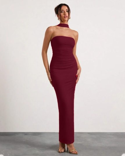 Burgundy Strapless Bodycon Dress