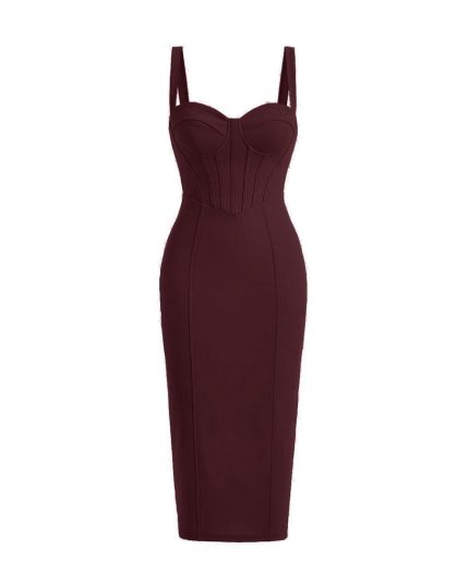 Cocktail Style Corset Detail Bodycon One Piece Dress In Maroon