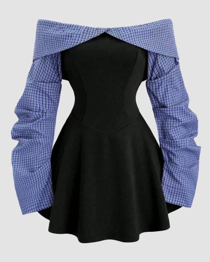 Contrast Checkered Sleeve Off Shoulder Mini Dress