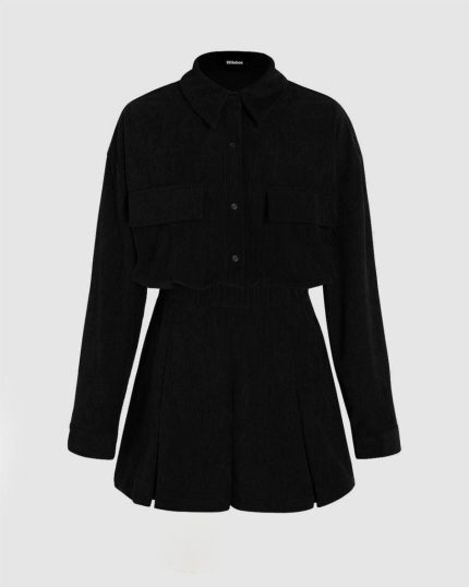 Corduroy Solid Collar Black Mini Dress