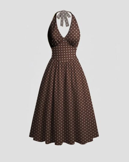 Polka Dot Halter Neck Tie Back Midi Dress