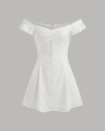 Eyelet Button Front Ruffle Strap Mini Dress in White