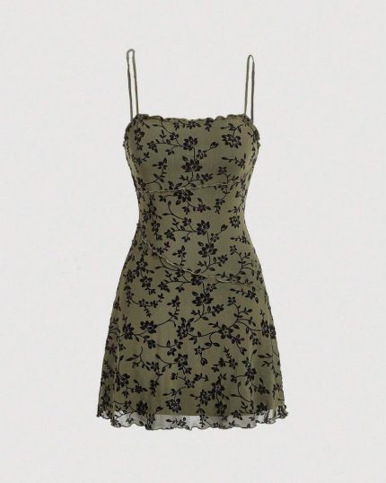 Floral Print Mesh Sleeveless Frill Trim Dress