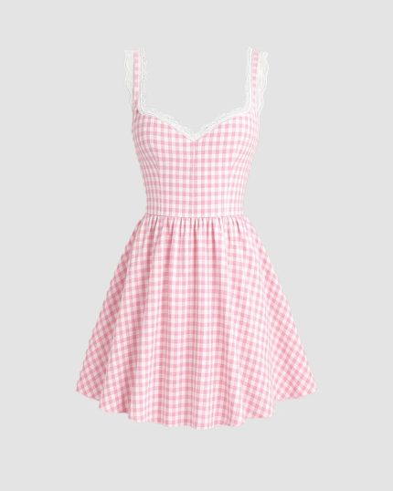 Gingham Sleeveless Mini Dress with Lace Trim