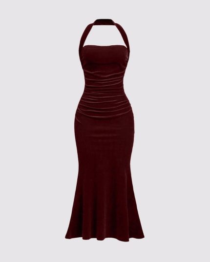 Halter Neck Ruched Backless Mermaid Dress In Cherry Red