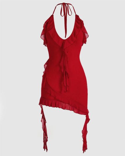 Halter Neck Ruffle Red Mini Dress