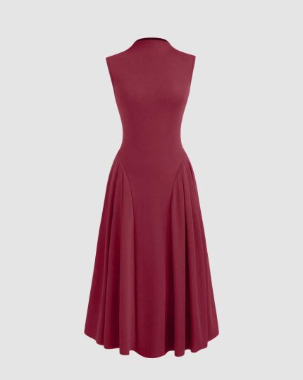High Neck Solid Ruffle Midi Dress