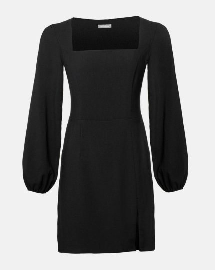 Lantern Sleeve Square Neck Slit Thigh Black Dress