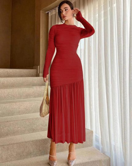 Mesh & Pleated Waist Cinched Long Sleeve Ruffled Red Dress