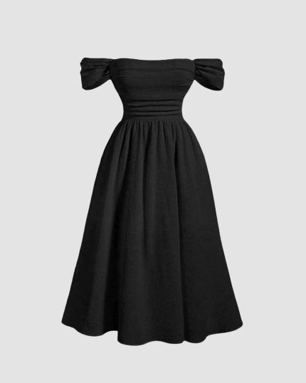Off-Shoulder Ruffled Midi Dress with Puffed Sleeves In Black