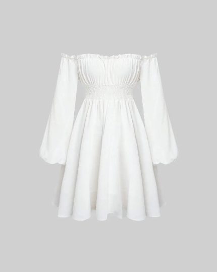 Off Shoulder Lantern Sleeve Frill Trim Dress In White