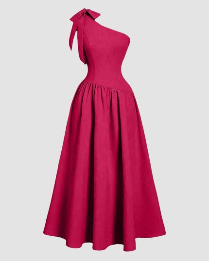 One-Shoulder Bow Fit & Flare Midi Dress in Hot Pink