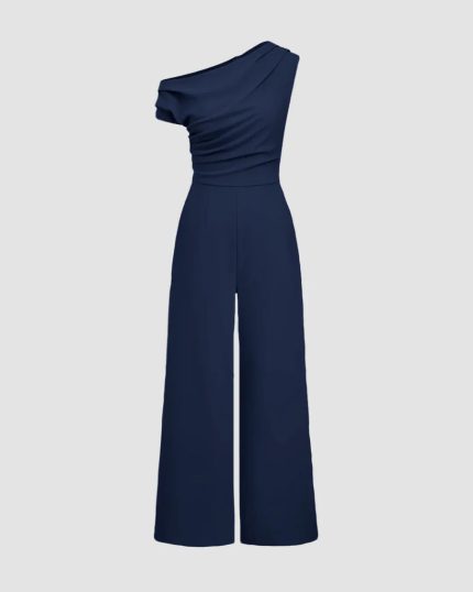 One-Shoulder Draped Wide-Leg Jumpsuit in Navy Blue