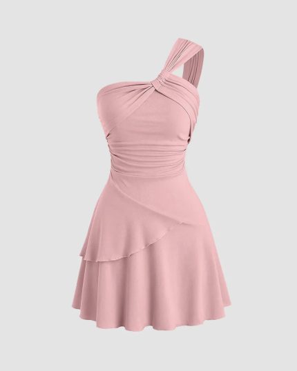 One Shoulder Ruched Layered Mini Dress in Dusty Pink