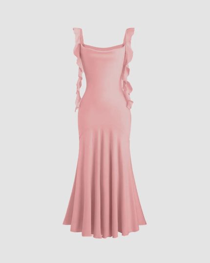 Pink Ruffle Strap Fishtail Midi Dress