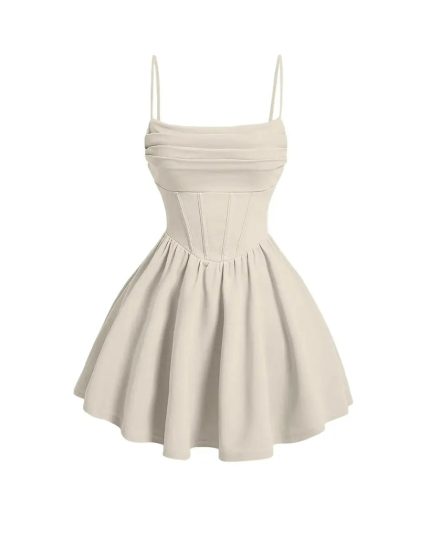 Pleated Waist Cami Short Dress In Off-White