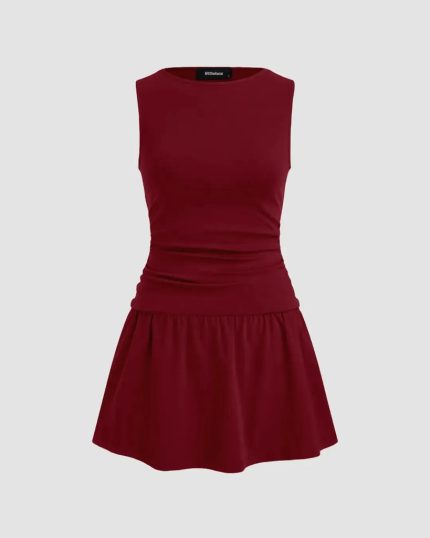 Round Neckline Solid Ruched Ruffle Hem Mini Cami Dress In Maroon