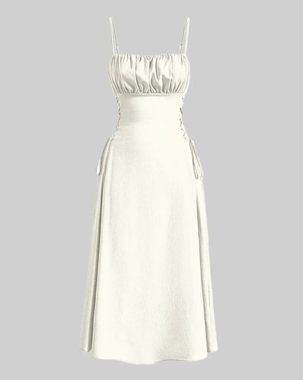 Ruched Bust Lace Up Side Spaghetti Straps Cami Dress In Cream