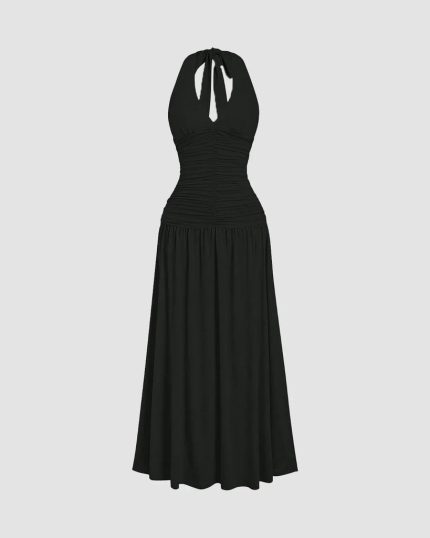 Ruched Halter Neck Backless Midi Dress in Black